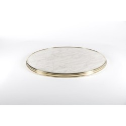 plateau de table de bistrot rond imitation marbre blanc cerclage laiton