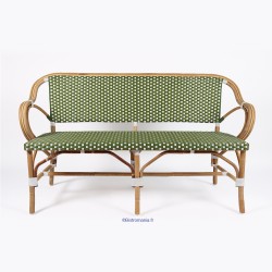 banc de terrasse avec accoudoirs en rotin Elysée tressage vert et blanc