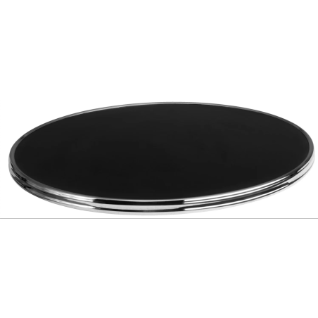 plateau de table rond noir cerclage cercle inox mouluré stratifié