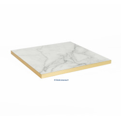 Plateau de table intérieur carré en stratifié imitation marbre blanc et bords dorés