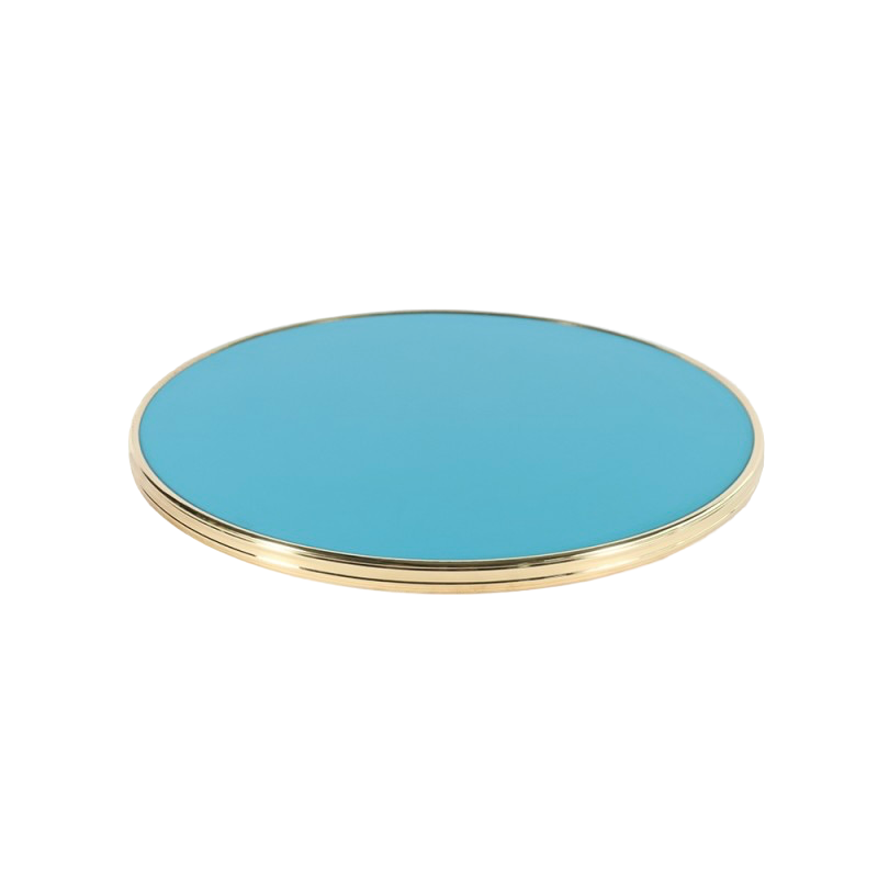 plateau de table restaurant stratifié bleu turquoise cercle laiton