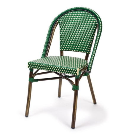 chaise de terrasse parisienne résine tressée verte et beige, aluminium couleur noyer