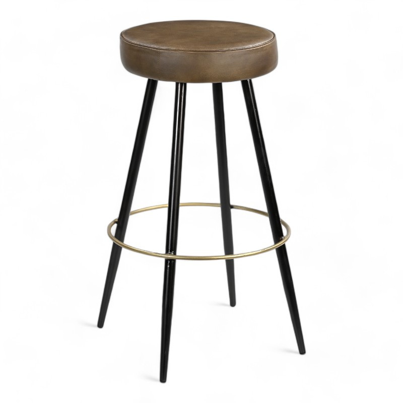 tabouret de bar industriel Landon cuir vert olive métal noir et doré