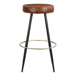 tabouret de bar industriel Landon cuir marron métal noir et doré