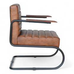 fauteuil d'intérieur cuir marron, métal et accoudoirs noirs. Siège confortable et solide