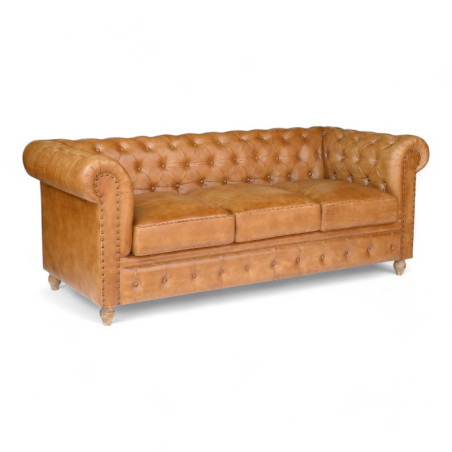 Canapé chesterfield 3 places en cuir marron cognac dossier capitonné