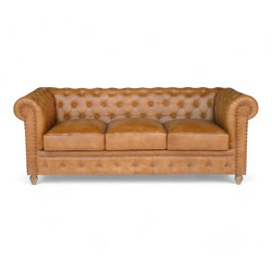 canapé design club chesterfield en cuir marron cognac 3 places