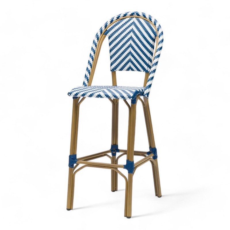 chaise haute de terrasse tressée bleue et blanche tressage design en chevrons structure aluminium polyrotin