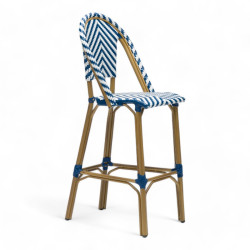 chaise de bar de terrasse tressée bleue et blanche tressage design en chevrons structure aluminium polyrotin