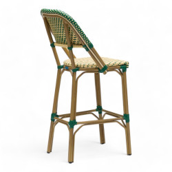 Chaise haute de bar parisien SOUFFLOT tressée vert et crème, structure aluminium couleur rotin