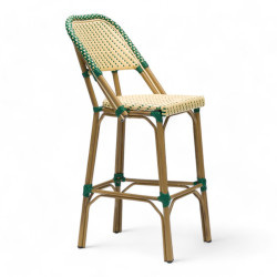 Chaise haute de bar parisien SOUFFLOT tressée vert et crème, structure aluminium couleur rotin