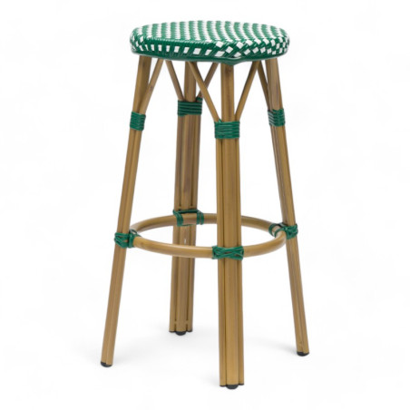 tabouret de bar pour terrasse de restaurant tressé vert foncé et blanc