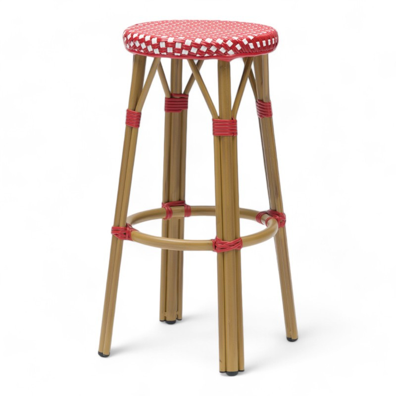 tabouret de bar pour terrasse de restaurant tressé rouge et blanc