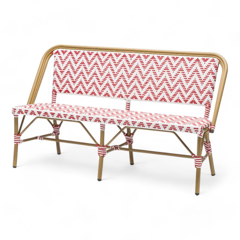 Banquette de terrasse parisienne structure aluminium couleur rotin tressage polyrotin rouge blanc