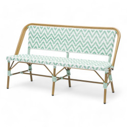 Banquette de terrasse parisienne structure aluminium couleur rotin tressage polyrotin vert clair et blanc