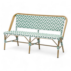 Banquette de terrasse parisienne structure aluminium couleur rotin tressage polyrotin vert foncé et blanc