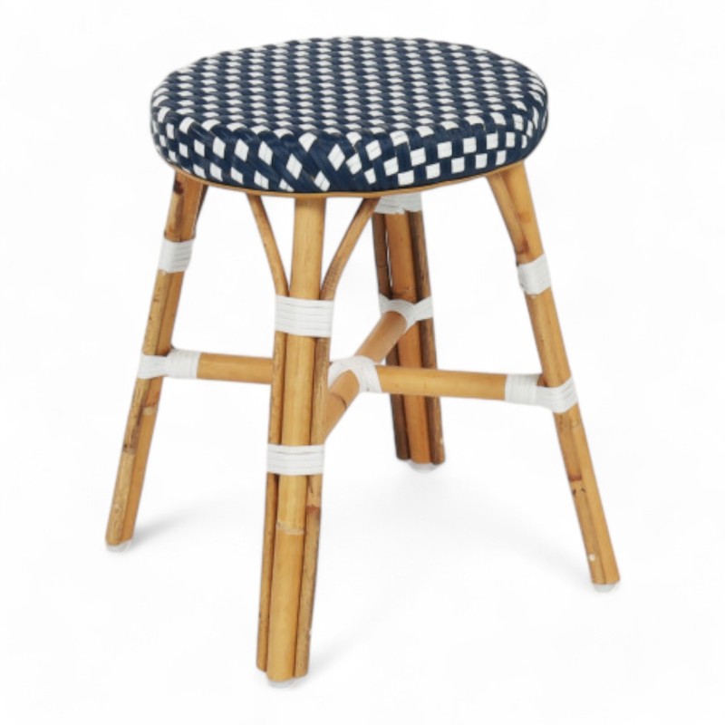 tabouret en rotin bistrot bleu et blanc - tabouret bas rotin