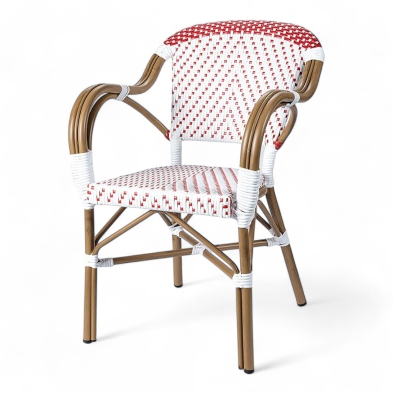 fauteuil de terrasse restaurant chr biarritz polyrotin rouge et blanc aluminium couleur rotin