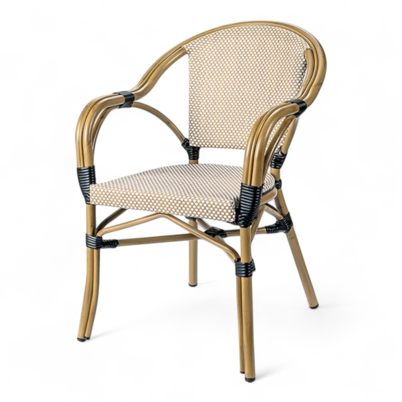 fauteuil de terrasse textilène beige et blanc latte empilable et léger