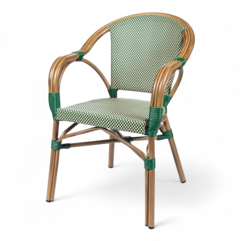 fauteuil de terrasse de bistrot parisien aluminium couleur rotin et textilene vert