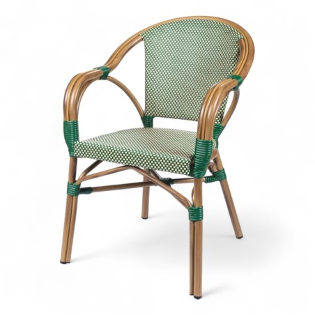 fauteuil de terrasse de bistrot parisien aluminium couleur rotin et textilene vert