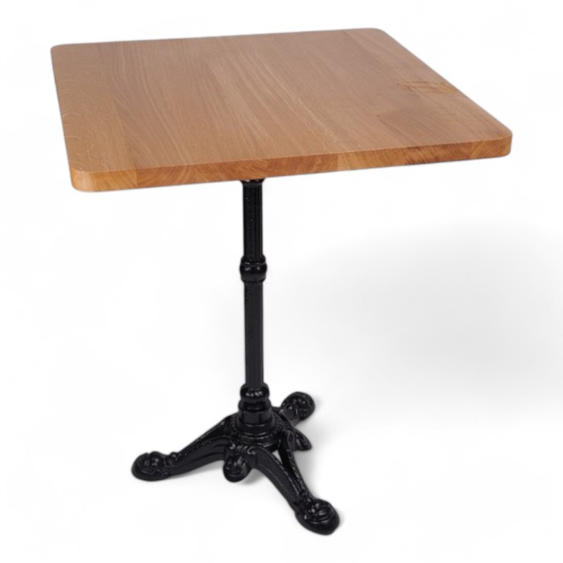 table bistrot parisien bois massif pied en fonte 3 branches plateau coins arrondis