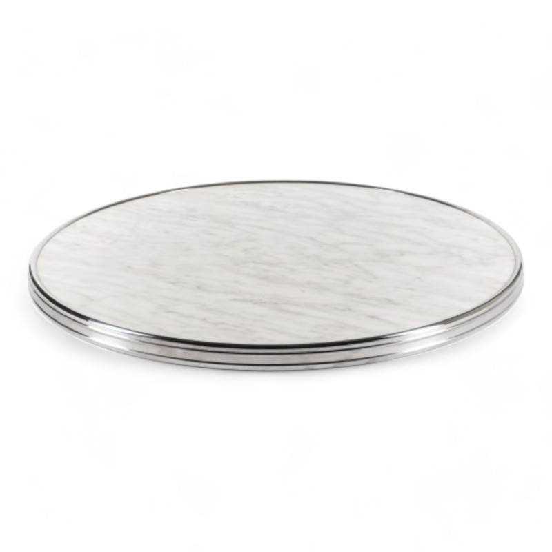 plateau table bistrot parisien imitation marbre blanc cerclage inox