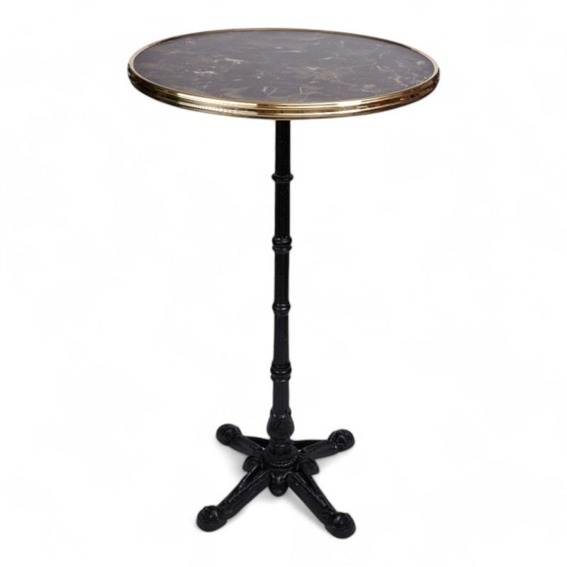 table haute mange-debout CHR bistrot plateau marbre noir cerclage laiton pied en fonte