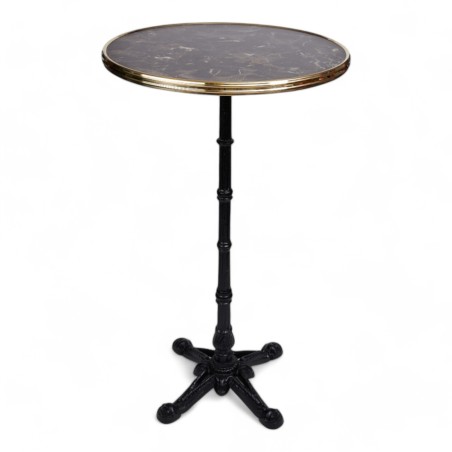 table haute mange-debout CHR bistrot plateau marbre noir cerclage laiton pied en fonte