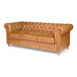 Canapé chesterfield 3 places en cuir marron cognac dossier capitonné