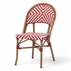 chaise de terrasse bistrot parisien conti tressage chevrons rouges et blancs, métal couleur rotin