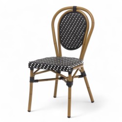 chaise de terrasse bistrot parisien tressage noir et blanc, métal couleur rotin