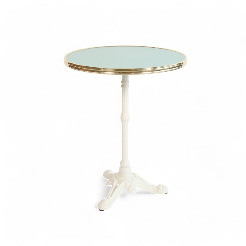 Table de bistrot ronde Monceau plateau stratifié bleu glace pied fonte blanc