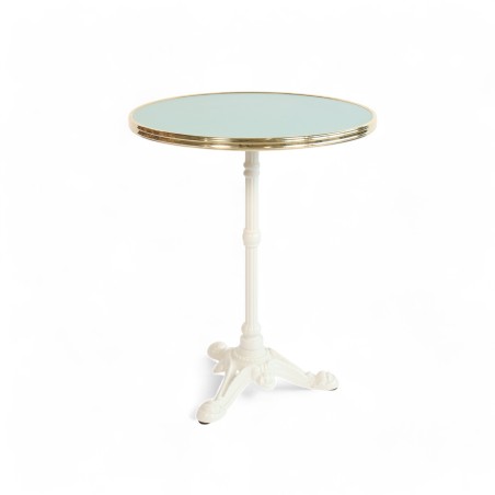 Table de bistrot ronde Monceau plateau stratifié bleu glace pied fonte blanc