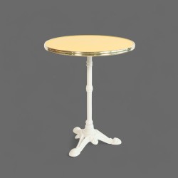 Table de bistrot Monceau pied en fonte blanc plateau stratifié jaune avec cerclage laiton CHR intérieur extérieur