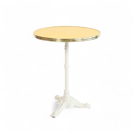 Table de bistrot ronde Monceau plateau stratifié marceau jaune cerclage laiton pied fonte epoxy blanc