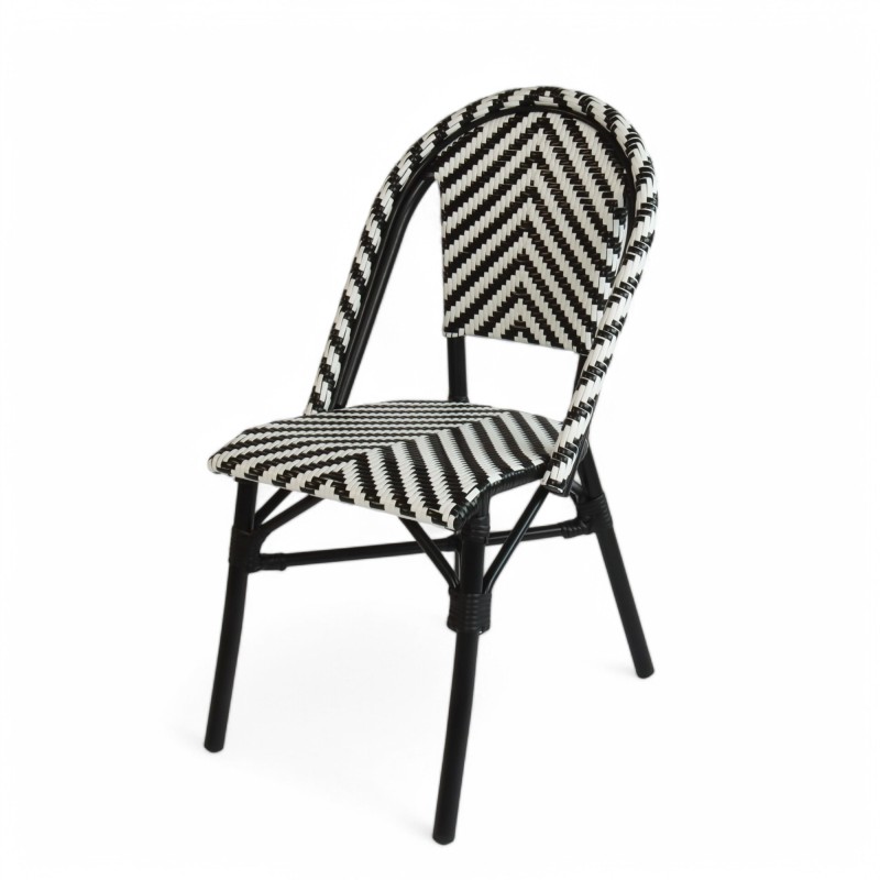 chaise de terrasse parisienne polyrotin RIVOLI tressé noir et blanc, métal couleur noir