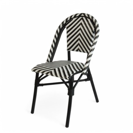 chaise de terrasse parisienne polyrotin RIVOLI tressé noir et blanc, métal couleur noir chaise de terrasse parisienne polyrotin RIVOLI tressé noir et blanc, métal couleur noir