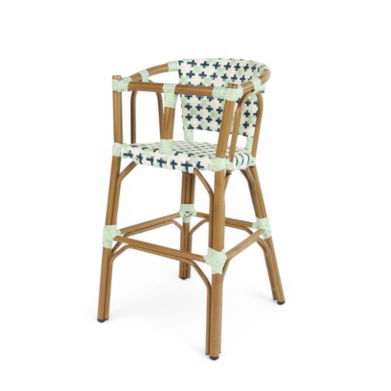 chaise haute bébé parisienne tressée design rotin bleu et blanc