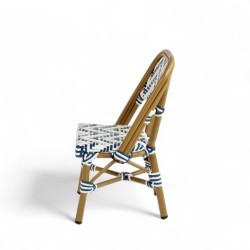 chaise de terrasse parisienne ALMA structure aluminium couleur rotin tressage chevrons bleu et blanc