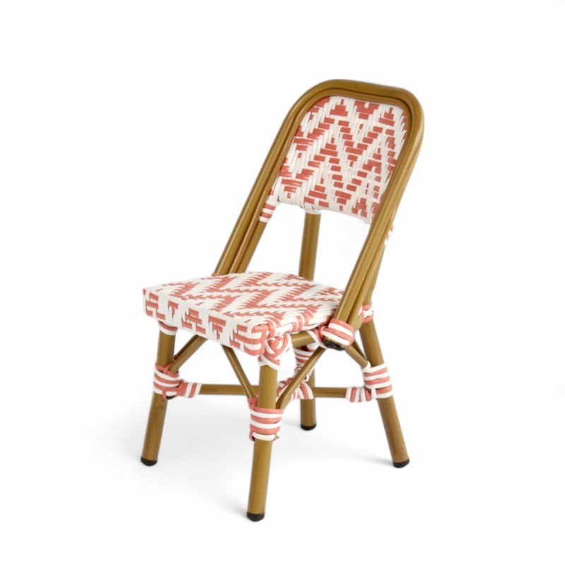 chaise de terrasse bistrot parisien en aluminium et tressage polyrotin ALMA rose et blanche