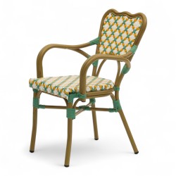 fauteuil de terrasse ST Germain tressé pour CHR aluminium couleur rotin vert et jaune