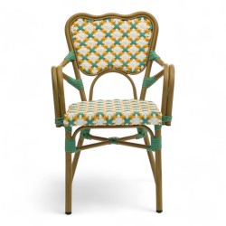 fauteuil de terrasse ST Germain tressé pour CHR aluminium couleur rotin vert et jaune