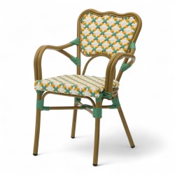 fauteuil de terrasse ST Germain tressé pour CHR aluminium couleur rotin vert et jaune