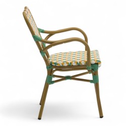 fauteuil de terrasse ST Germain tressé pour CHR aluminium couleur rotin vert et jaune