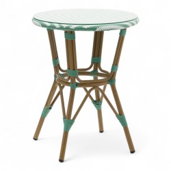 table de jardin tressage vert clair et blanc style bistrot parisien D60 cm
