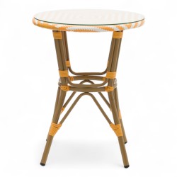 table de jardin tressage jaune et blanc style bistrot parisien D60 cm