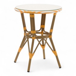 table de jardin tressage jaune et blanc style bistrot parisien D60 cm