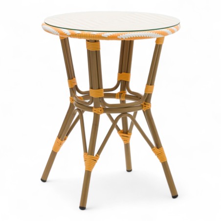 table de jardin tressage jaune et blanc style bistrot parisien D60 cm table de jardin tressage jaune et blanc style bistrot parisien D60 cm