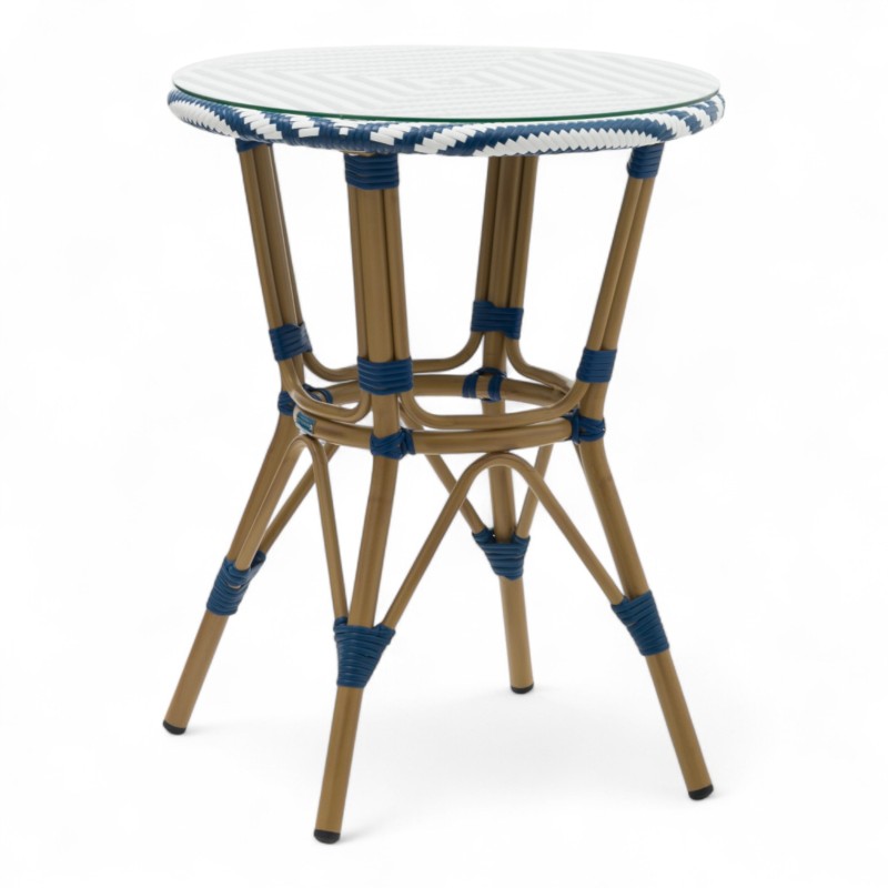table de jardin tressage bleu et blanc style bistrot parisien D60 cm